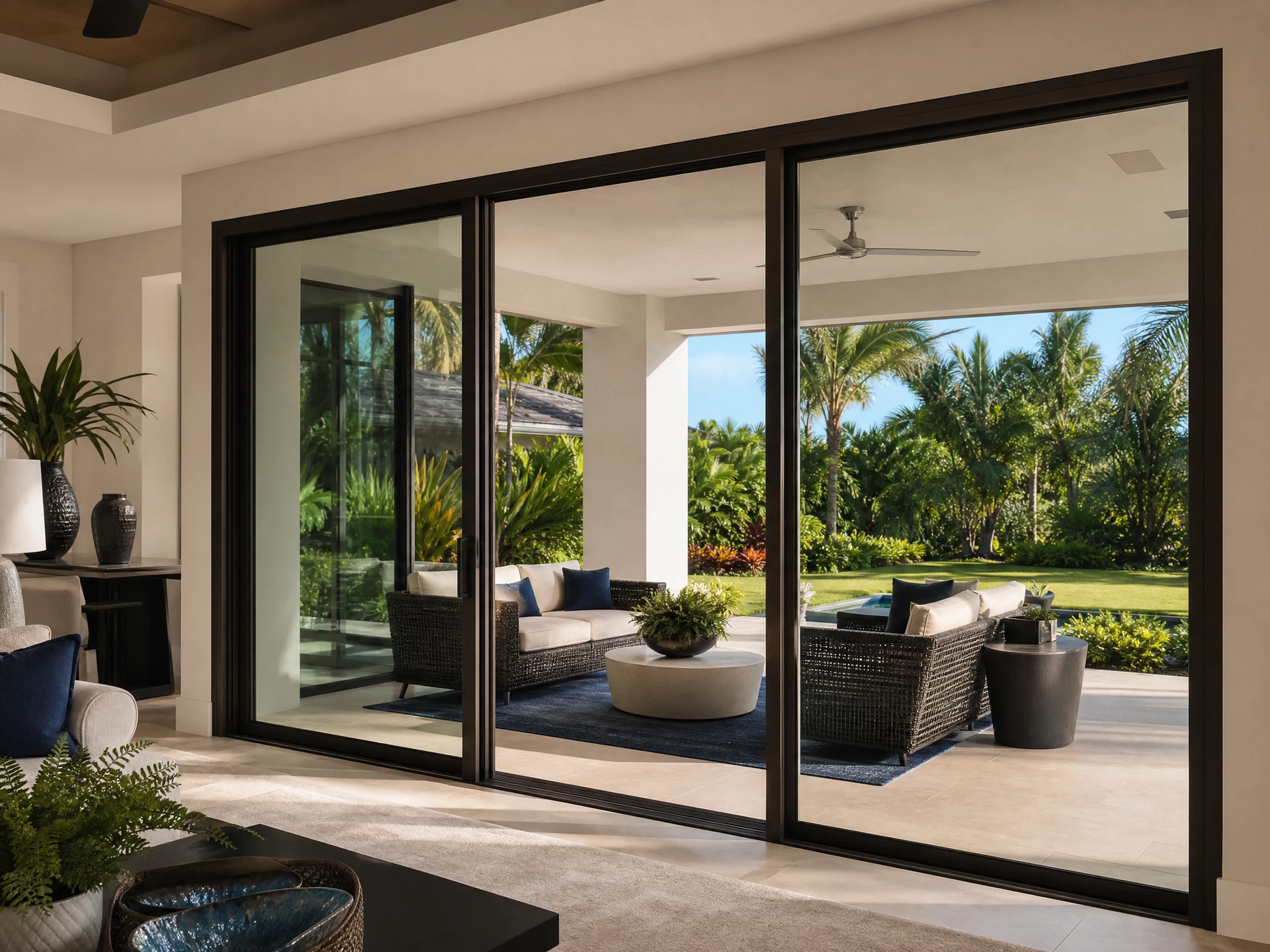 Three-panel sliding glass door opening to a Southwest Florida lanai